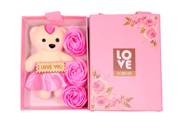 Emaacity - Rectangular Gift Box with Teddy & Artificial Flowers- LBTR01GPP30S02