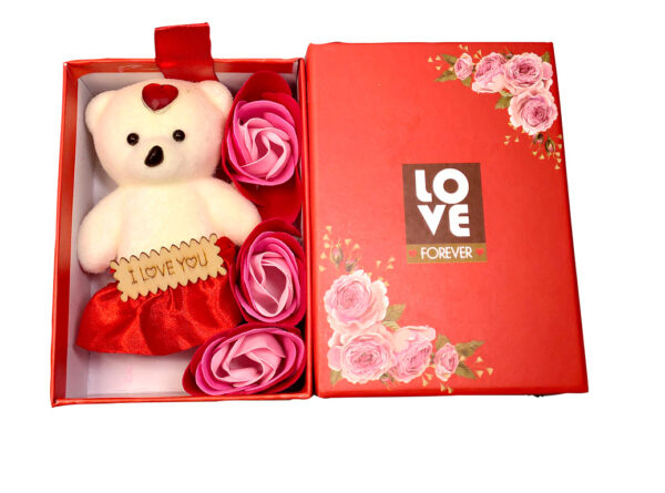 Emaacity - Rectangular Gift Box with Teddy & Artificial Flowers- LBTR01GPP30S02R